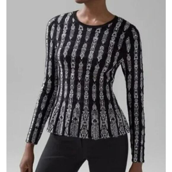 White House Black Market Tops - WHBM Black White Womens Vertical Striped Peplum Crew Neck Sweater Size Medium